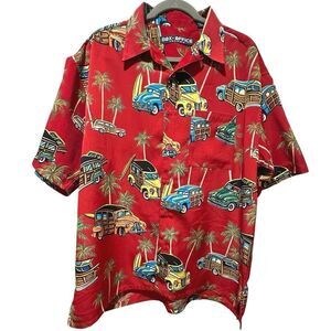 Box Office Island Hawaiian Shirt Men's Size L Vintage Car Print Tropical Red